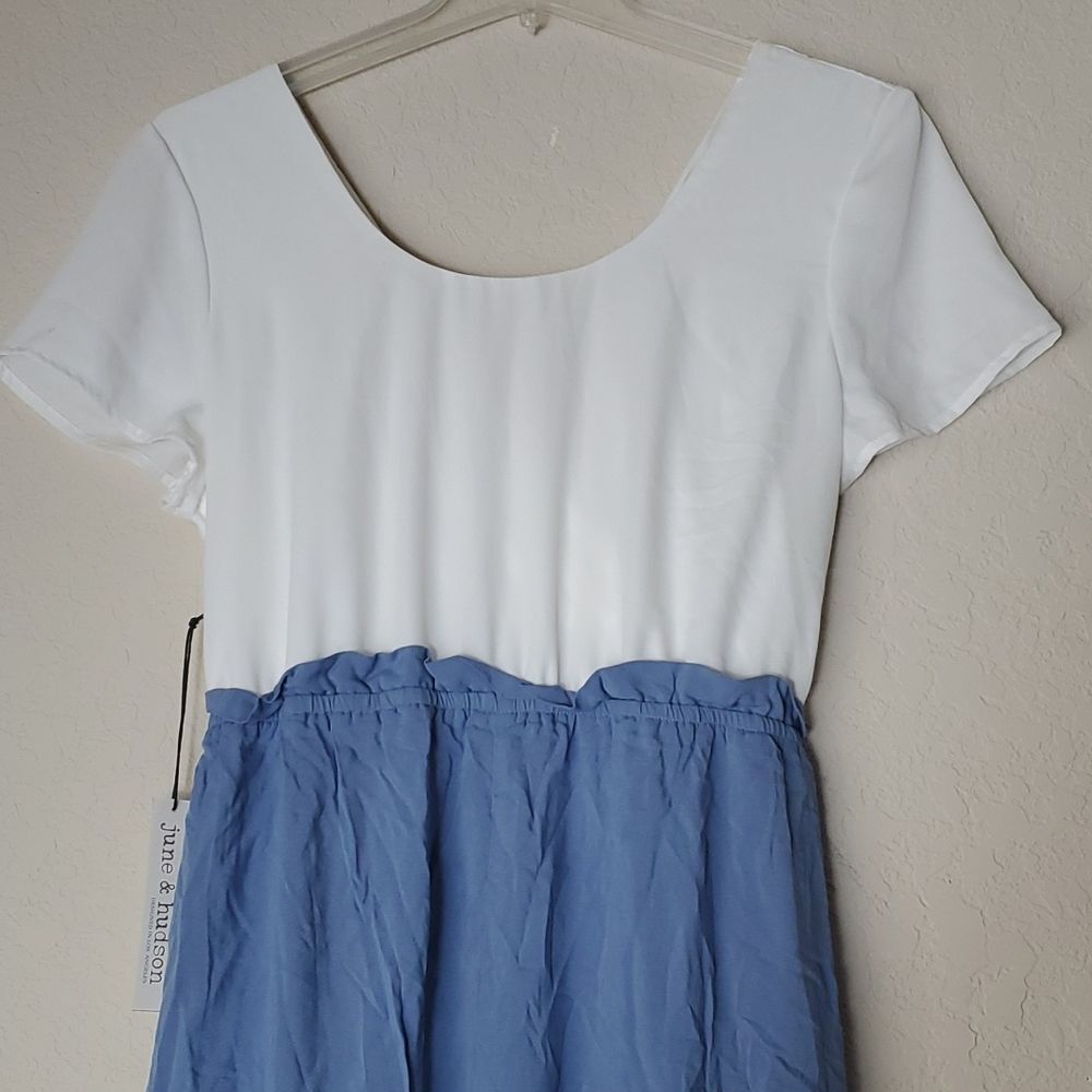 NWT June & Hudson Jumpsuit XL Blue White 2 Tone Wide Leg Colorblock Short Sleeve - Picture 6 of 16